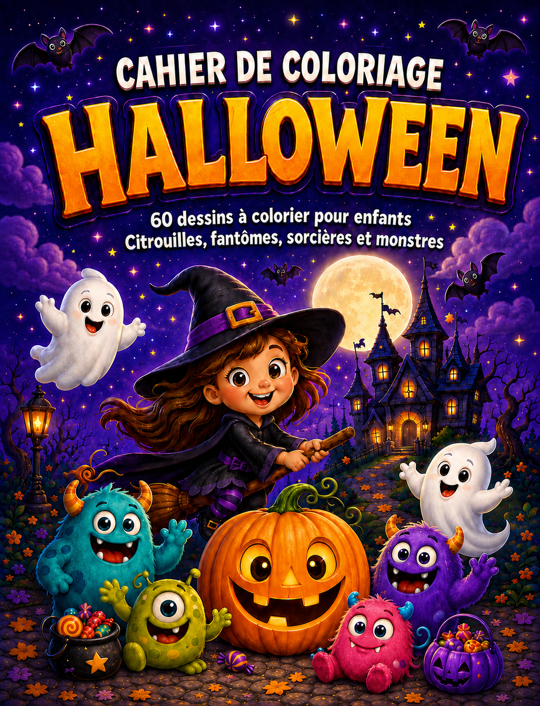 Couverture du cahier de coloriage Halloween - 60 dessins à colorier pour enfants - Studio Râ-Amon